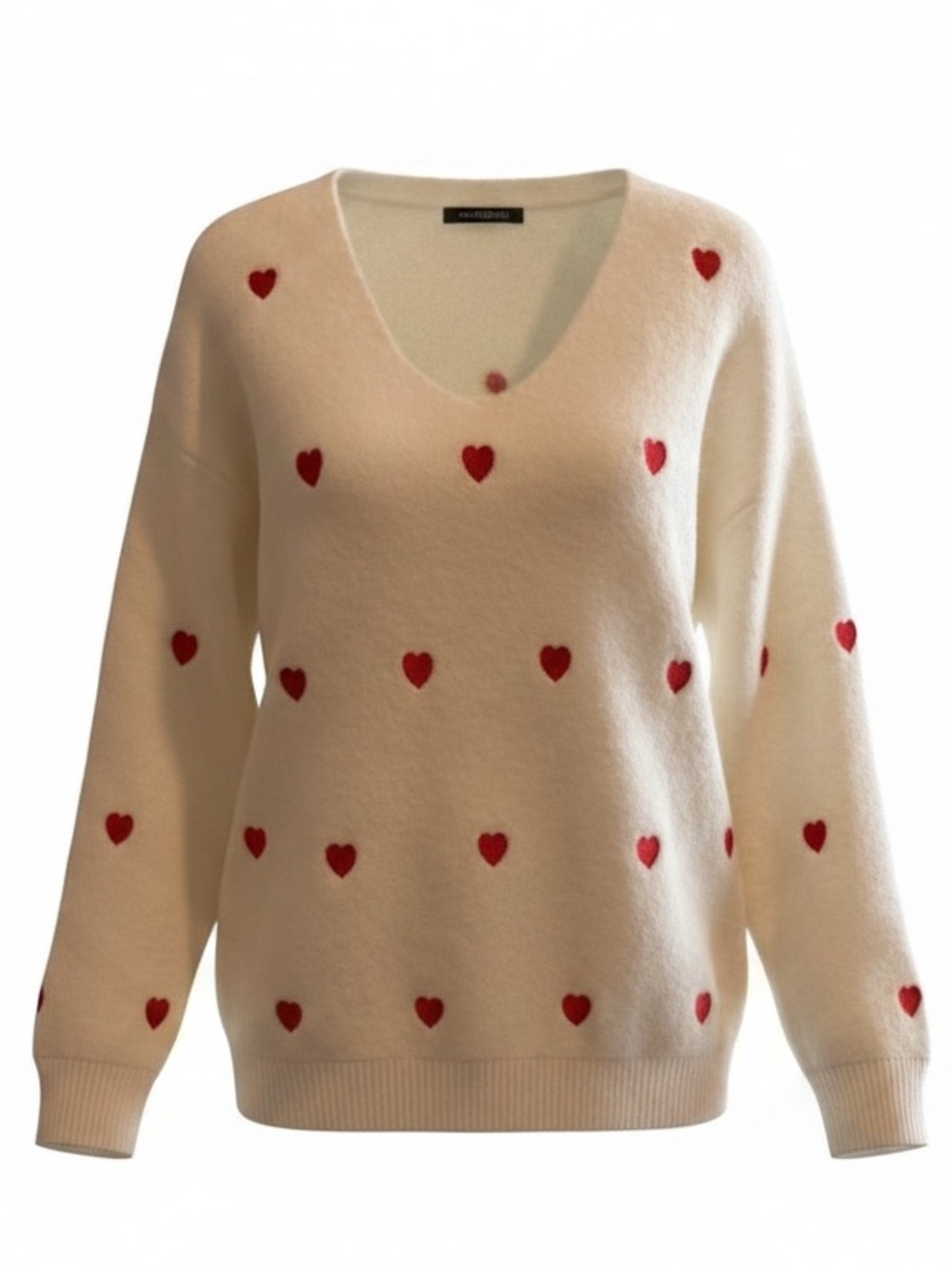 Cream V‑Neck Sweater with Red Heart Motif - Women
